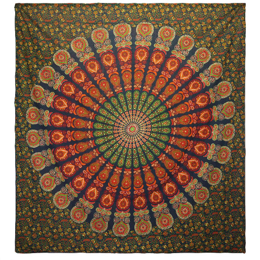 Decorative tapestry with a central mandala design in red, green, and orange on a dark background.