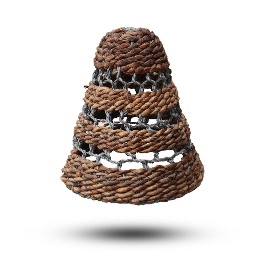 Woven basket-like structure with a cone shape on a white background