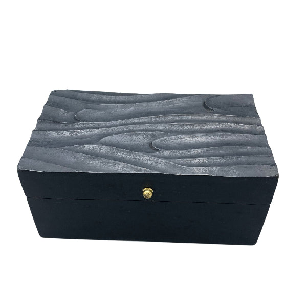 Black jewelry box with textured gray lid on a white background