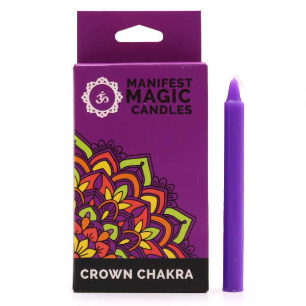 Purple candle with 'Manifest Magic Candles' packaging featuring a colorful design and 'Crown Chakra' text.