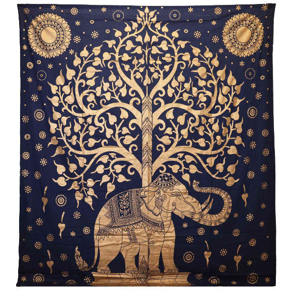 Decorative tapestry with gold tree and elephant design on a blue background