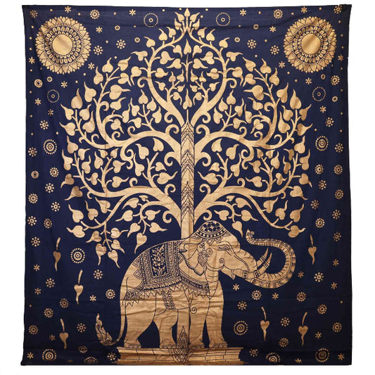Decorative tapestry with gold tree and elephant design on a blue background