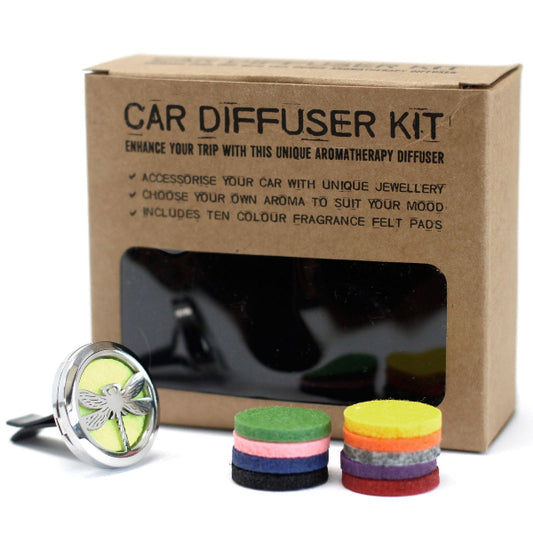 Car diffuser kit with packaging and colorful fragrance felt pads on a white background