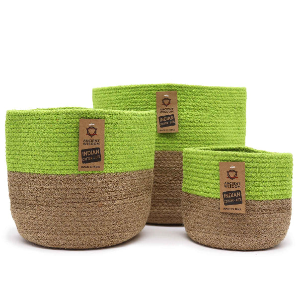 Three woven baskets with green top and brown bottom, featuring 'Ancient Wisdom' labels.