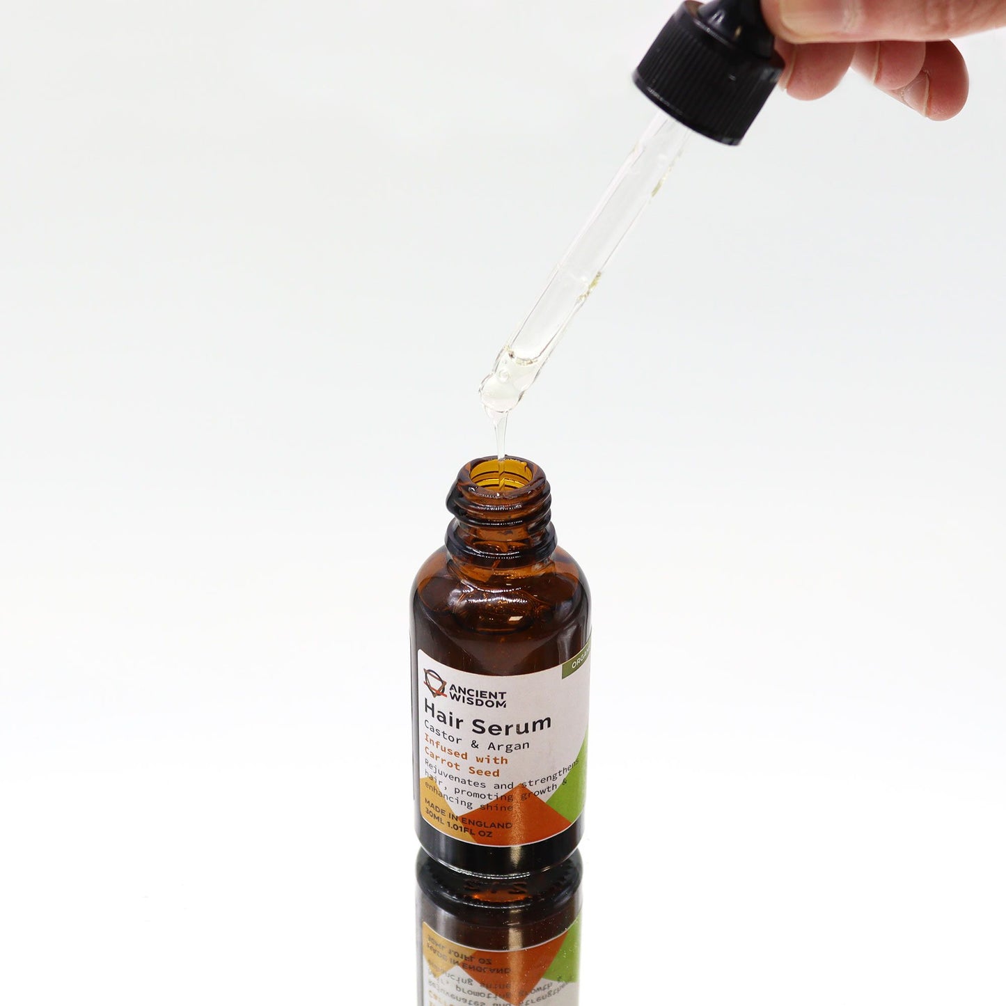 Hair serum bottle with dropper on a white background
