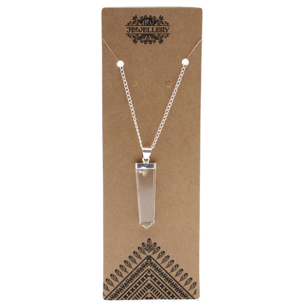 Necklace with a clear pendant on a brown card with 'Jewellery' branding.