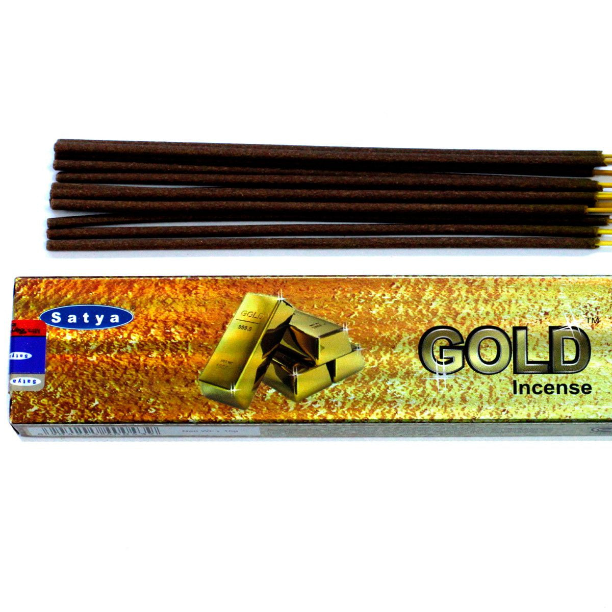 Satya Gold incense sticks with packaging on a white background