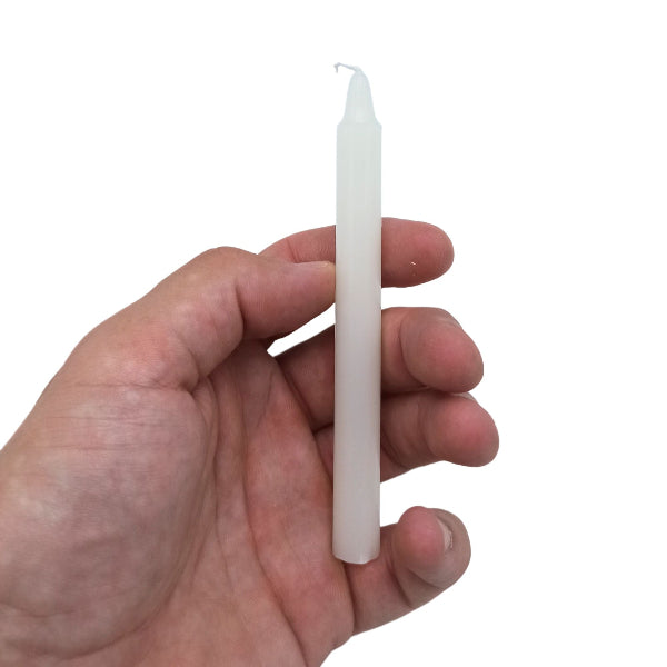 Hand holding a white candle against a white background