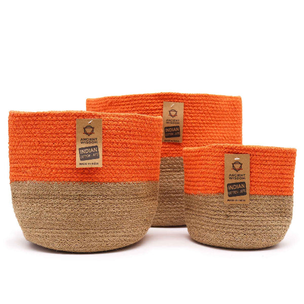 Three woven baskets with orange top and brown bottom, labeled 'Ancient Wisdom'.