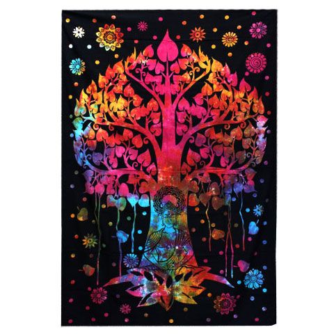 Colorful tree design on a black background with floral elements