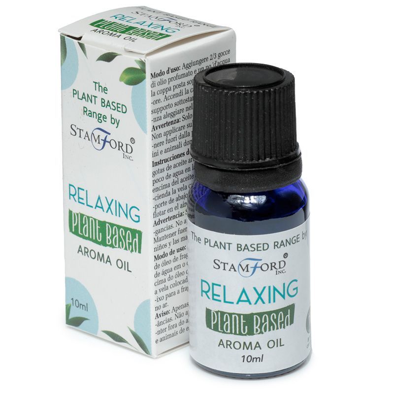 Stamford relaxing plant-based aroma oil bottle and packaging on a white background