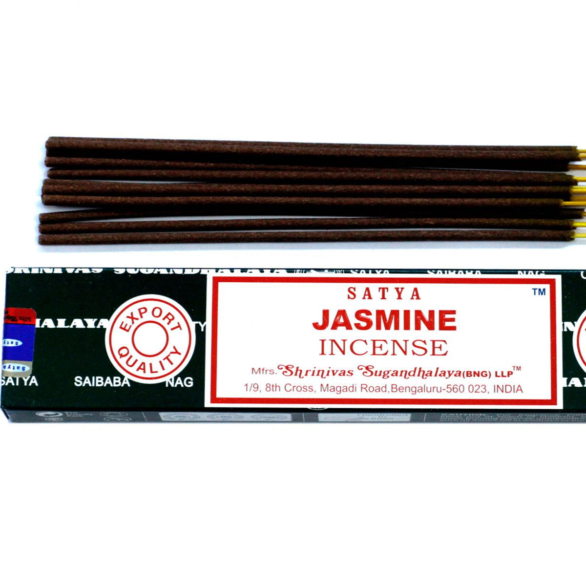 Box of Satya Jasmine incense sticks on a white background