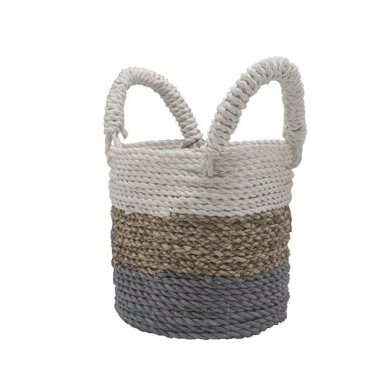 Woven basket with two handles in gray, beige, and white on a white background