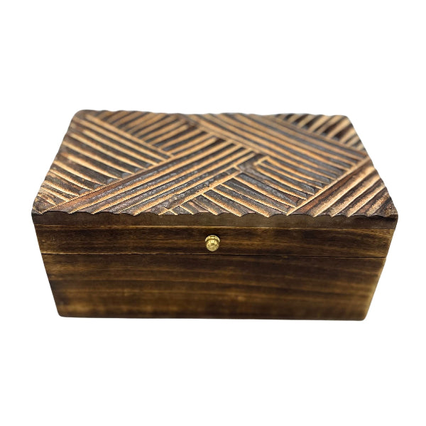 Wooden box with geometric pattern and gold clasp on a white background
