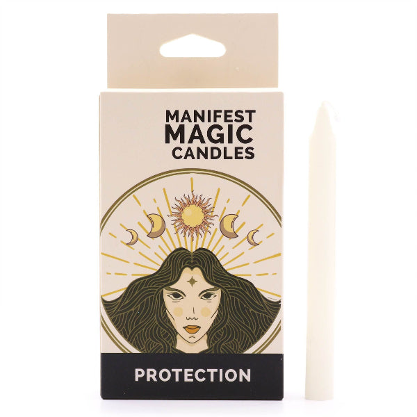 Manifest Magic Candles packaging with a woman's face and celestial design, featuring the word 'Protection'.