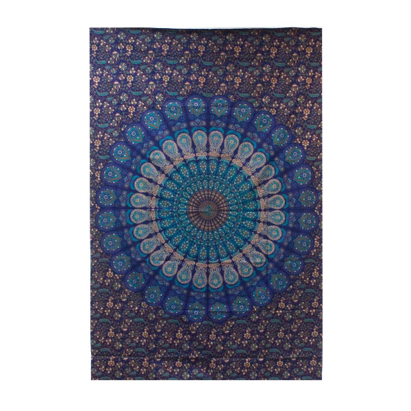 Blue and purple mandala tapestry with floral patterns on a white background