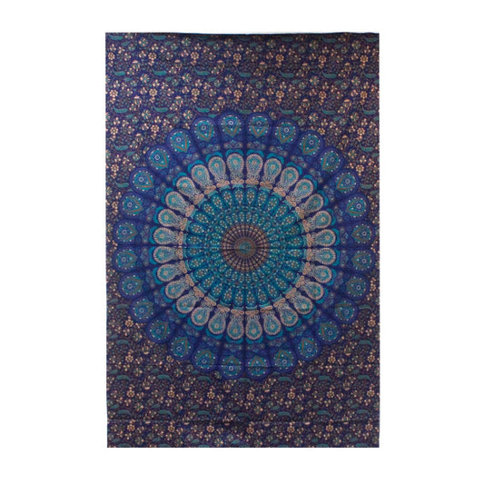 Blue and purple mandala tapestry with floral patterns on a white background