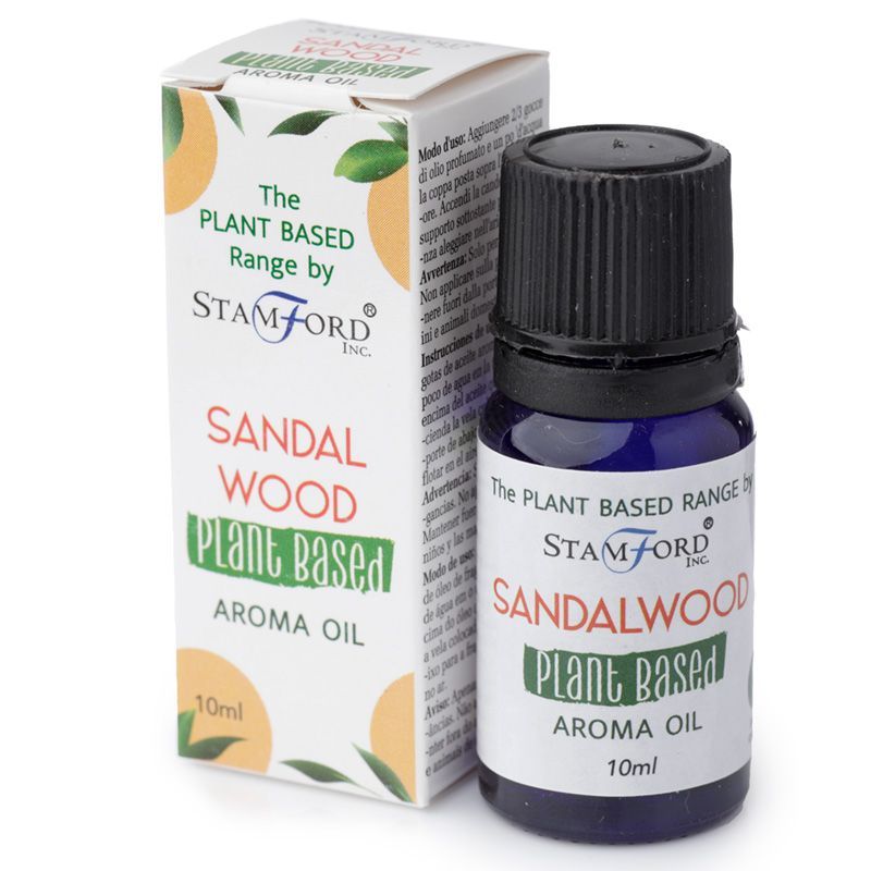 Sandalwood aroma oil bottle and packaging by Stamford Inc. on a white background