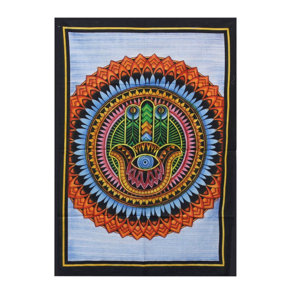 Colorful tapestry with a central design on a white background