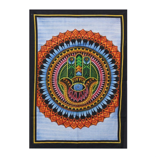 Colorful tapestry with a central design on a white background
