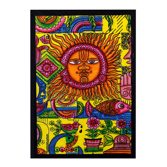 Colorful artwork with a sun-like figure and various elements on a white background