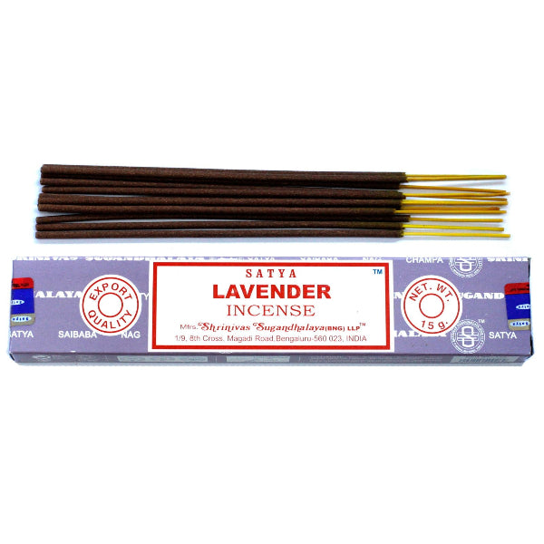 Box of Satya Lavender incense sticks on a white background