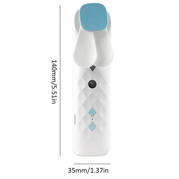 White electronic device with blue accents and measurements on a white background