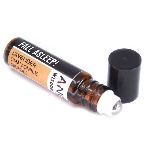 Roll-on bottle labeled 'Fall Asleep!' with essential oils on a white background