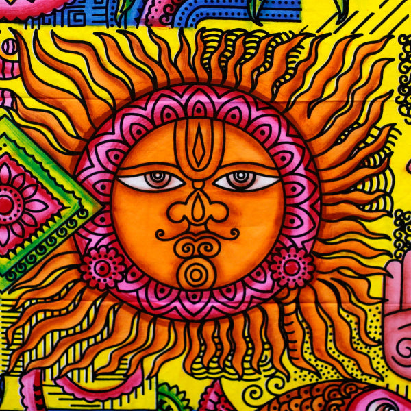Colorful sun design with intricate patterns on a yellow background