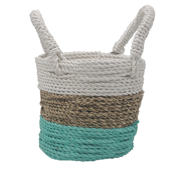Woven basket with three color bands on a white background