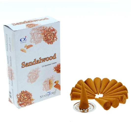 Sandalwood incense cones with packaging on a white background