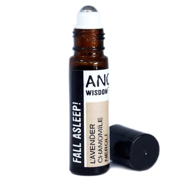 Roll-on bottle with a label reading 'Fall Asleep!' by ANC Wisdom on a white background