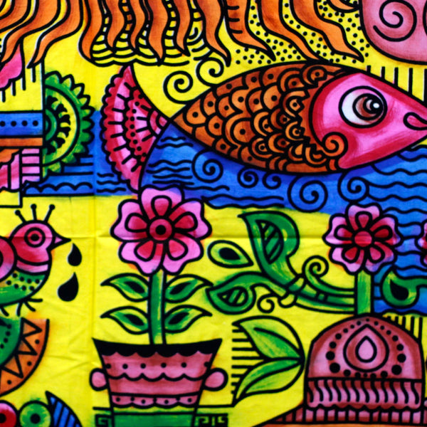 Colorful artwork with fish, flowers, and abstract patterns on a yellow background