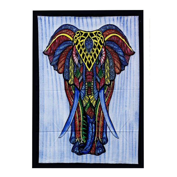 Colorful elephant design on a blue background with a black border