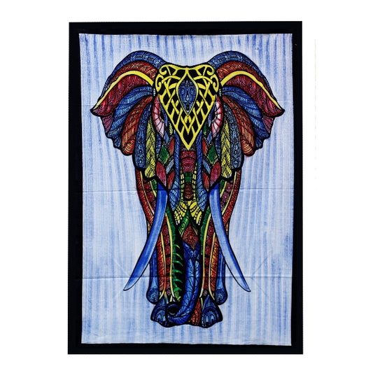 Colorful elephant design on a blue background with a black border