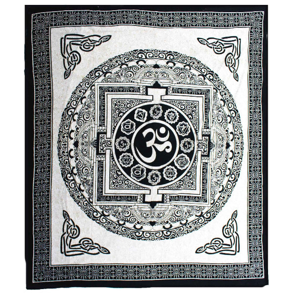 Decorative black and white tapestry with Om symbol and intricate patterns