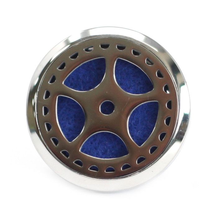Decorative metal disc with blue accents on a white background