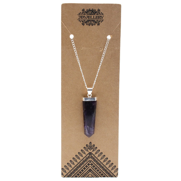 Necklace with a purple pendant on a brown Jewellery brand card