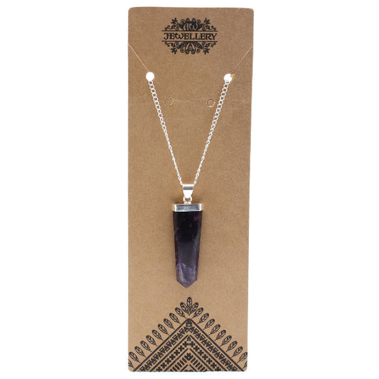 Necklace with a purple pendant on a brown Jewellery brand card