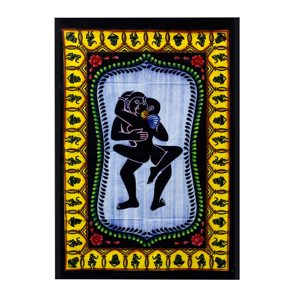 Decorative artwork with a black silhouette of a figure against a colorful frame.