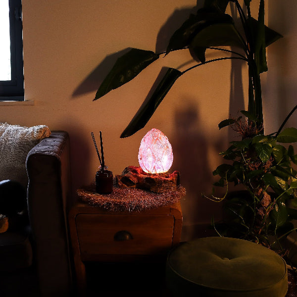 Pink crystal lamp on a side table in a dimly lit room with plants and a couch.