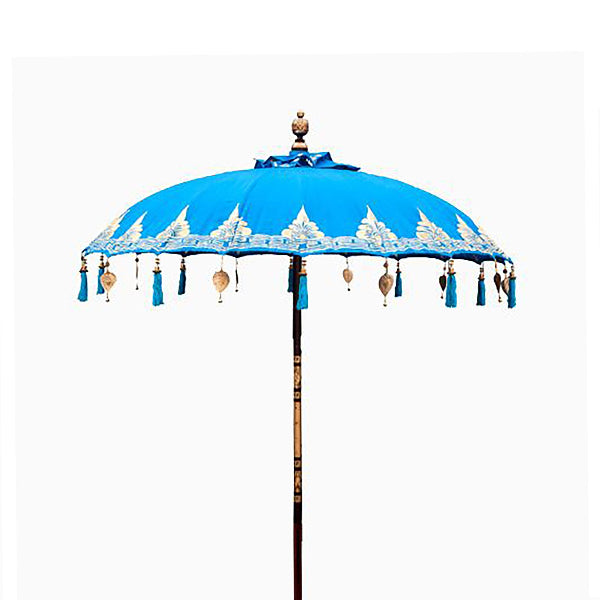 Decorative blue umbrella with tassels on a white background