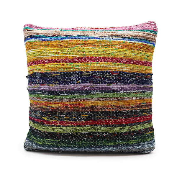 Multicolored striped pillow on a white background