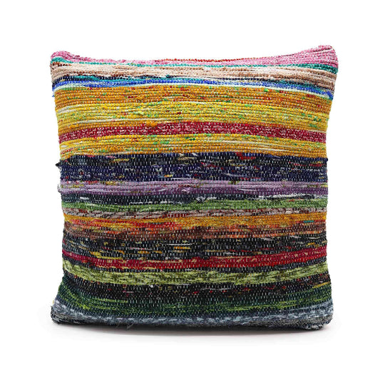 Multicolored striped pillow on a white background