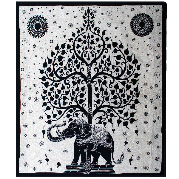 Black and white tapestry with an elephant and tree design on a light gray background