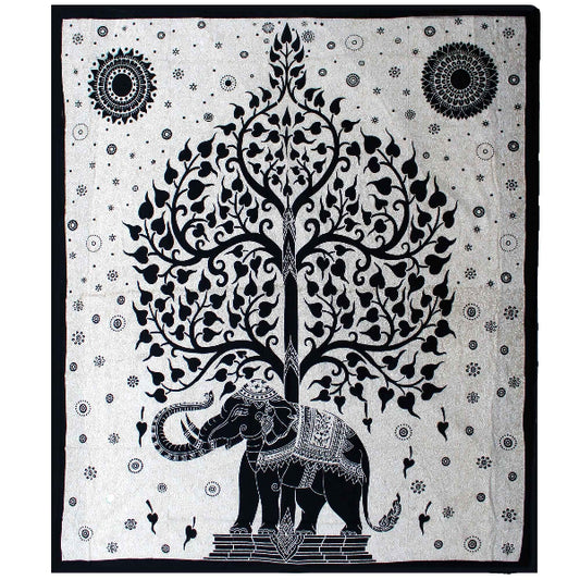 Black and white tapestry with an elephant and tree design on a light gray background
