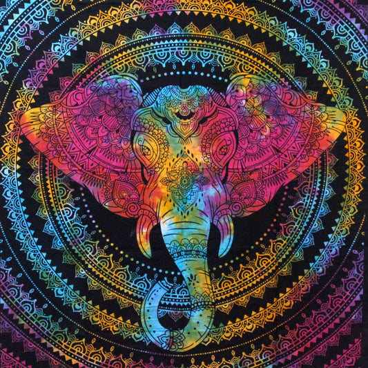 Colorful elephant design with intricate patterns on a black background