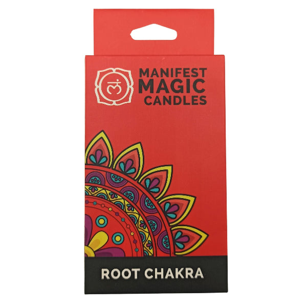 Manifest Magic Candles packaging with colorful design and text on a red background