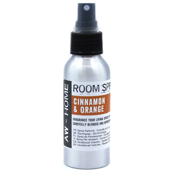 Room spray bottle labeled 'Cinnamon & Orange' on a white background