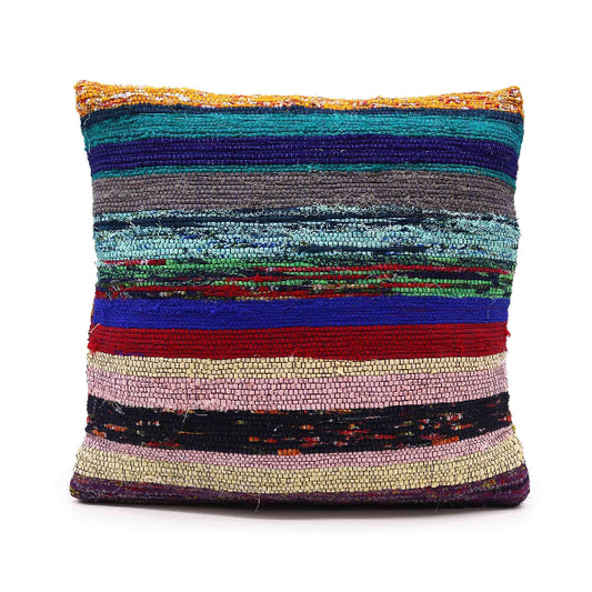 Multicolored striped pillow on a white background